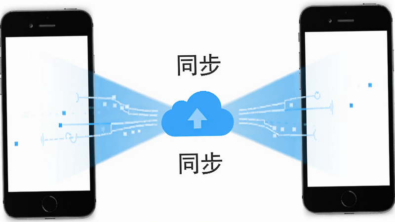迈势绮数据同步功能示意图,主体为两个手机图标通过光束连接,中间有云朵图标表示云端,背景为纯白色,布局对称,风格扁平化,细节展示数据流动的线条,画质清晰,干净,文字标注“同步”