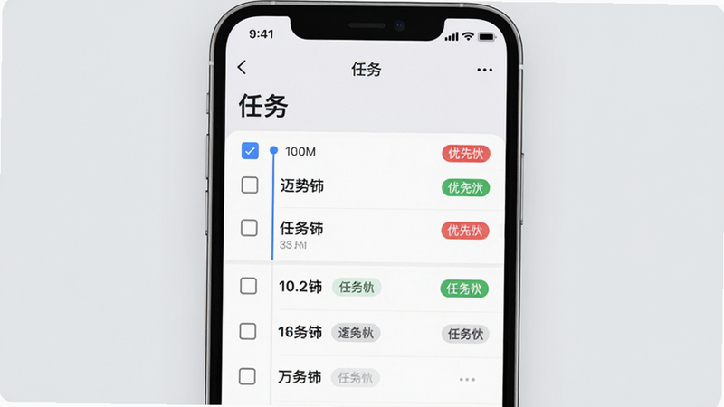 迈势绮任务管理界面预览图,主体为手机屏幕显示的任务列表,带有复选框和优先级标签,背景为浅灰色,布局整齐,风格简洁明快,细节展示时间轴和分类标签,画质清晰,干净,文字标注“任务”