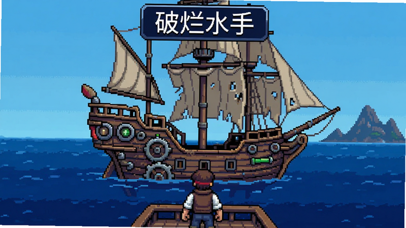 主体为游戏《破烂水手》的主界面截图,布局居中,展示一艘破旧但充满机械感的帆船漂浮在深蓝色海面上,排版简洁,风格为精致像素风,细节丰富,包含角色背影与远处的岛屿轮廓,画质高清,干净无多余元素,文字标签'破烂水手'置于顶部中央