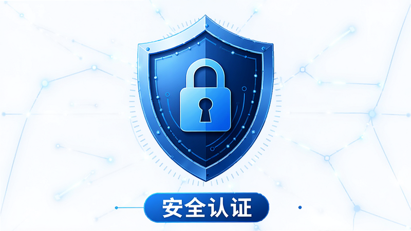 主体为安全盾牌图标,布局居中,象征安全与保护,排版简约,风格为科技感蓝色调,细节显示锁形图案,画质高清,干净,文字标签'安全认证'位于底部