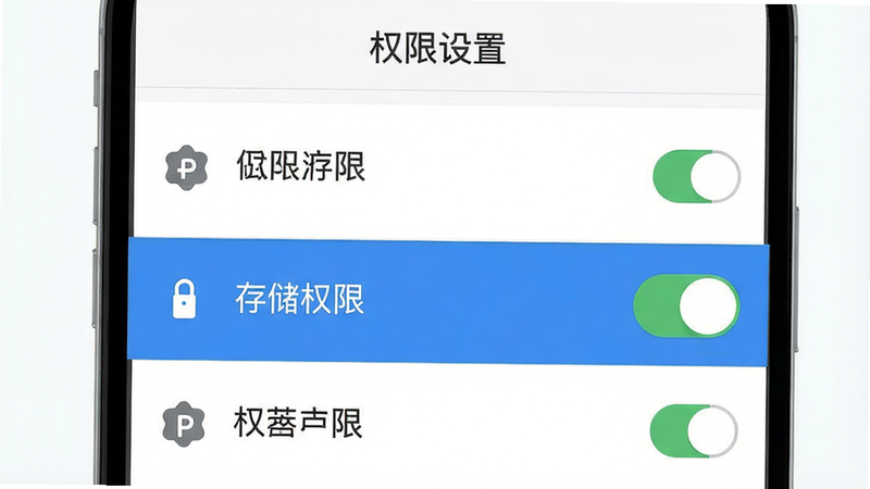 主体为手机设置界面示意图,布局为列表式,高亮显示存储权限开关,排版简洁,风格为扁平化UI,细节显示权限图标,画质清晰,干净,文字标签'权限设置'位于标题栏