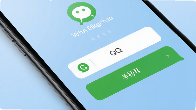 主体为手机登录界面,显示微信、QQ、手机号登录选项,背景为淡蓝色渐变,布局居中,排版简洁,风格为现代UI,细节清晰,画质高清,干净,无多余元素