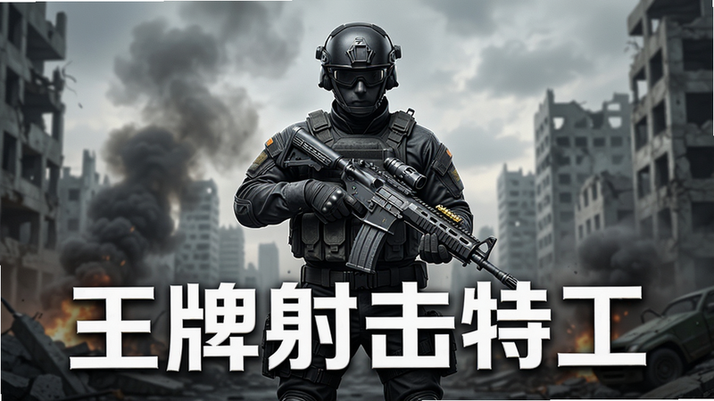 主体为《王牌射击特工》游戏封面,布局居中,排版简洁大气,风格为写实军事科幻,细节展示一名身穿黑色战术装备的特工手持高科技步枪,背景是硝烟弥漫的现代城市废墟,画质 8k 超清,干净,无多余元素,画面中醒目位置显示文字