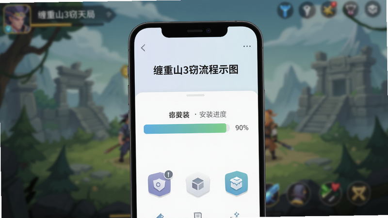 一张《缠重山3窃天局》安装流程示意图,手机屏幕显示安装进度条90%,背景为模糊的游戏主界面,风格为扁平化UI设计,图标清晰,色彩柔和,布局简洁,无多余装饰,高清矢量风格