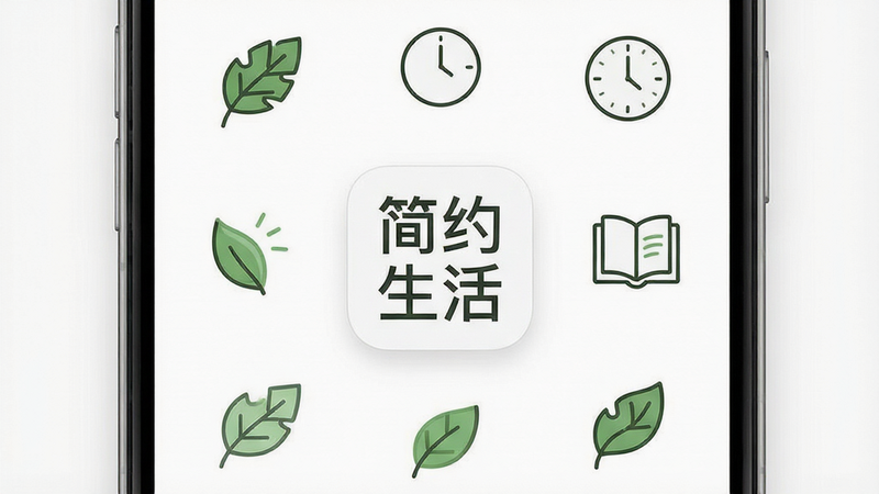 手机屏幕界面展示,白色背景,中心显示“简约生活”APP图标,周围环绕着绿叶、时钟、书本等极简线条图标,布局对称,排版清晰,风格清新治愈,细节精致,画质高清,干净,无多余元素