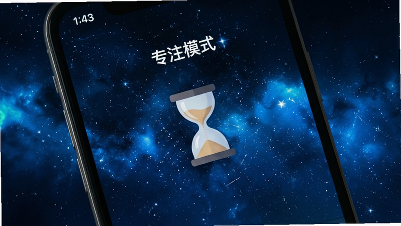手机屏幕显示“专注模式”开启界面,背景为深蓝色星空,中央有沙漏图标,周围无其他干扰元素,风格宁静致远,细节细腻,画质高清,干净,无多余元素