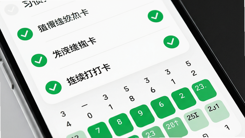 手机界面特写,显示习惯打卡列表,每个项目旁有绿色对勾图标,下方是连续的日历格子,部分格子填充为绿色,背景纯白,风格简约现代,细节圆润,画质清晰,干净,无多余元素