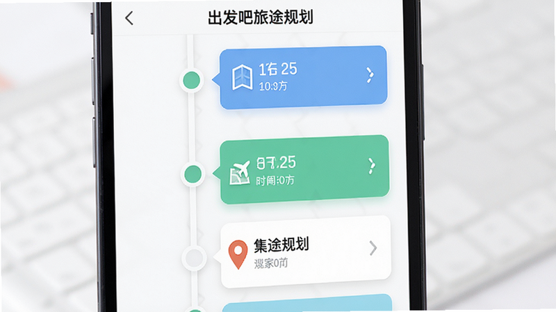 ��дչʾ'��������;�滮'APP�е�ʱ���Ṧ�ܽ��棬����Ϊ��ֱ���е�ʱ��ڵ㿨Ƭ�����ֽ��������Ű�����������ƽ����ϸ�ڰ���ʱ���ǩ�͵ص�ͼ�꣬���ʸ��壬��������ұ���