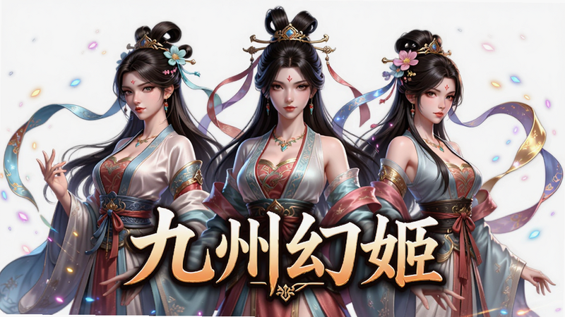 主体为“九州幻姬”游戏Logo与三位身着古风汉服的女性角色立绘,布局居中,排版整洁,风格为3D写实渲染结合2D精美插画,细节包含飘带、光效粒子,画质8K高清,干净无多余元素,文字“九州幻姬”清晰可见