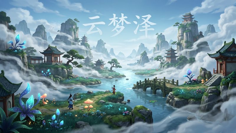主体为游戏内“云梦泽”场景全景,布局采用广角镜头,排版开阔,风格为东方奇幻3D渲染,细节包含流动的云气、发光的灵植,画质超高清,干净,无UI遮挡,文字“云梦泽”隐约可见