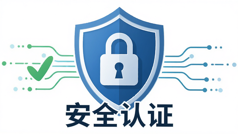 主体为安全盾牌图标与锁头元素组合,布局居中对称,排版庄重,风格为扁平化科技风,细节包含绿色对勾、数据流线条,画质高清,干净,无多余装饰,文字“安全认证”清晰
