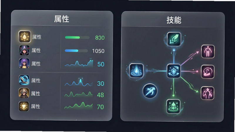 主体为角色属性面板与技能树界面UI展示,布局为左右分栏,排版清晰,风格为半透明磨砂玻璃拟态,细节包含图标高光、数据动态变化特效,画质清晰,干净,无杂乱背景,文字“属性”、“技能”清晰