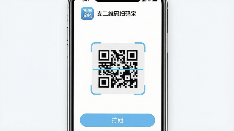 一张展示“支二维码扫码宝”App界面的高清预览图,主体为手机屏幕,屏幕中央显示清晰的二维码扫描框,背景为简洁的白色,顶部有应用Logo和名称“支二维码扫码宝”,底部有操作按钮,整体风格现代简约,界面干净无杂乱元素,UI设计扁平化,色彩以白色和浅蓝色为主,细节清晰,画质8k,无多余水印