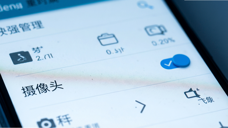 一张手机设置界面的特写图,显示权限管理列表,其中“摄像头”权限选项被勾选,背景模糊,焦点集中在权限开关上,界面风格为安卓原生设置,文字清晰,色调偏冷,体现技术感,无其他干扰元素,高清细节