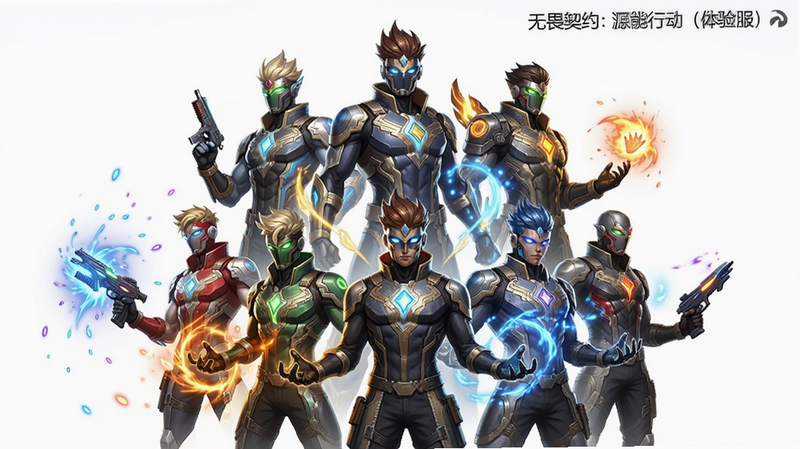 主体为多位源能英雄角色群像,布局呈三角形稳定构图,排版突出角色技能特效的光效差异,风格为动漫渲染与写实结合,细节描绘角色服装纹理与技能粒子效果,画质细腻,干净背景,文字包含