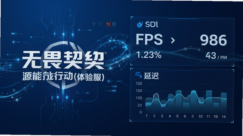 主体为游戏加载界面与性能监控数据可视化图表,布局左侧为游戏Logo,右侧为FPS与延迟数值展示,排版现代简约,风格为科技感蓝白配色,细节展示数据流动效果,画质清晰,干净无杂色,文字包含
