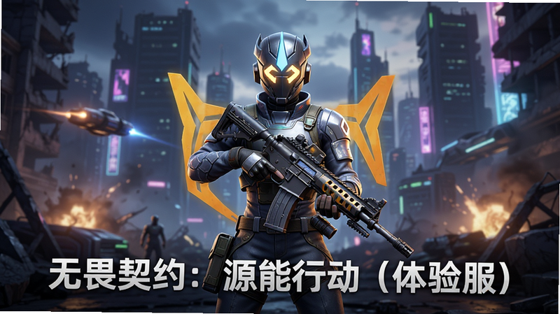 主体为《无畏契约:源能行动(体验服)》游戏主视觉海报,布局采用中央对称式构图,画面中心展示一名手持步枪的源能角色,背景是充满科技感的赛博朋克风格战场废墟,排版简洁大气,风格为写实3D渲染,细节丰富,光影效果逼真,画质4K高清,干净无多余元素,文字包含