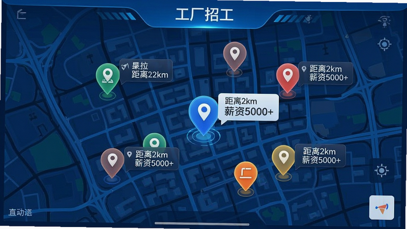 չʾ�������й���APP��ͼģʽ�µĽ����ͼ�������ǳ��е�ͼ������ֲ��Ų�ͬ��ɫ�Ķ�λͼ�꣬������ͬ�Ĺ���λ�ã�����ֱ�ۣ����Ϊ�Ƽ�����ɫ����ϸ����ʾ��λͼ�����С�����2km������н��5000+����������ǩ�����ʸ��壬�ɾ����޶���Ԫ��