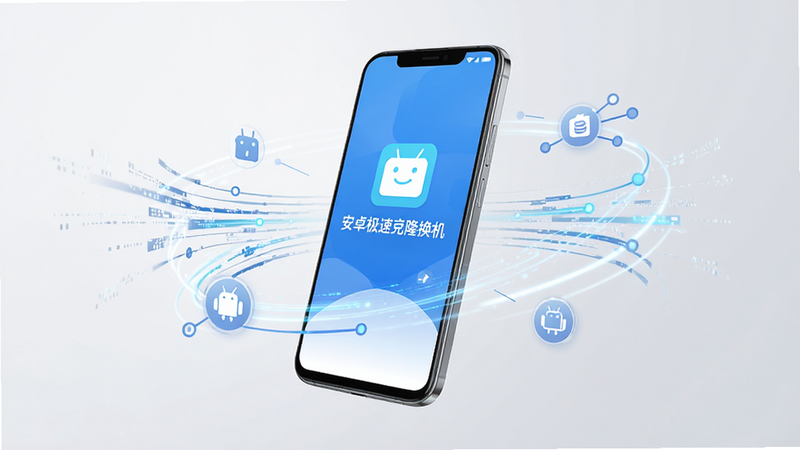 主体为一部现代智能手机悬浮在画面中央,屏幕显示“安卓极速克隆换机”APP界面,界面简洁,主色调为科技蓝与白色,背景为干净的浅灰色渐变,周围环绕着抽象的数据流动线条和连接节点图标,象征高速传输,整体风格极简主义,高清细节,无多余元素,画质干净