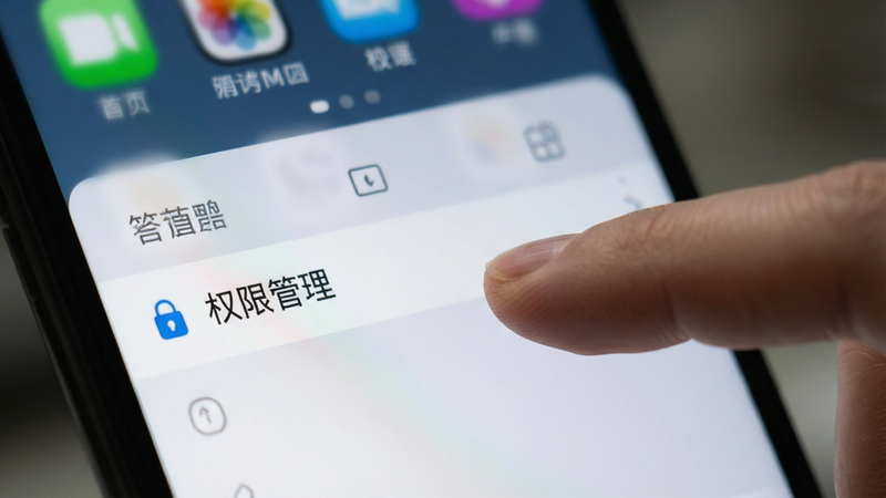 主体为手机设置界面截图风格,高亮显示“权限管理”选项,手指点击手势示意,背景模糊处理,突出前景操作,风格为写实UI截图,清晰度高,色彩真实,无水印,画质细腻