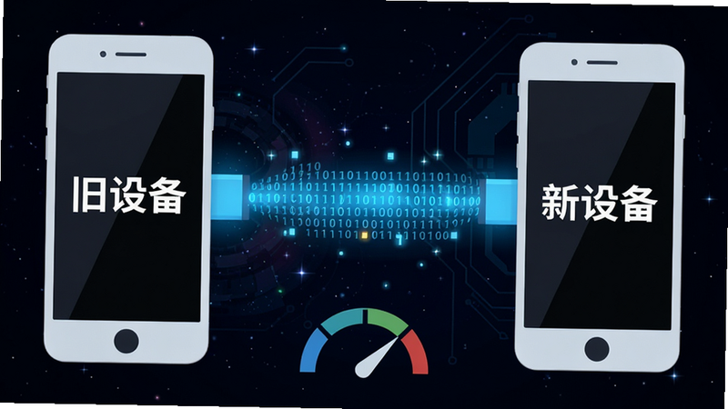主体为两部智能手机通过一条发光的蓝色数据束连接,背景为深空科技感,数据束上流动着二进制代码光点,左侧手机显示“旧设备”,右侧手机显示“新设备”,下方有速度仪表盘图标,风格为扁平化科技插画,高对比度,清晰锐利,无杂乱背景,画质纯净