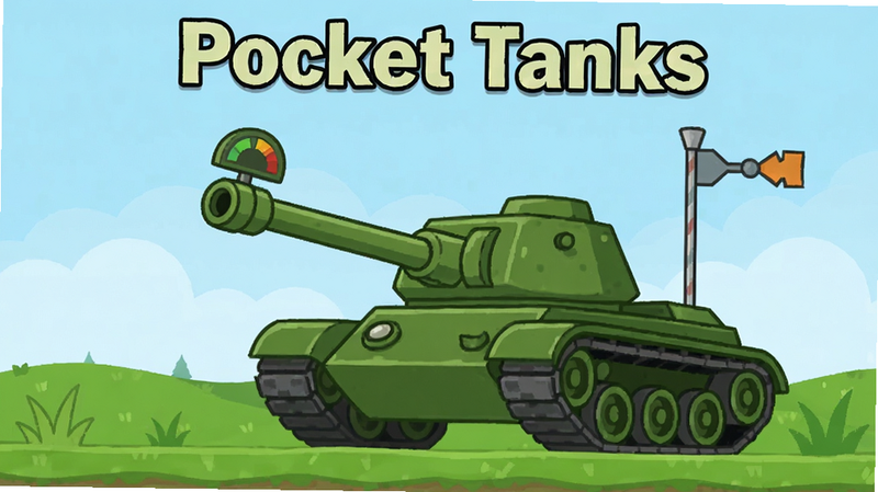 ����ΪPocket Tanks��Ϸ���������ͼ�����־���չʾһ����ͨ������ɫ̹�ˣ������ǵ���ɫ����պ���ɫ�Ĳݵص��Σ��Ű������������Ϊ��ƽ����ͨ�廭��ϸ�ڰ���̹���ڹܽǶ�ָʾ���ͷ���꣬���ʸ��壬�ɾ��޶���Ԫ�أ�����