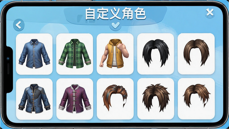 “打架姿势”App角色自定义界面,主体为角色编辑面板,显示多个服装和发型选项,布局为网格状排列,风格为清新明亮,细节展示服装材质与颜色,画质清晰,文字“自定义角色”位于顶部