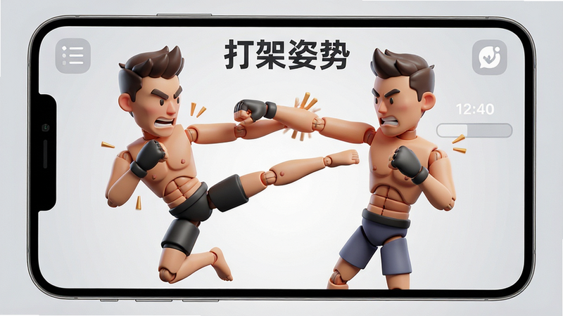 一张展示“打架姿势”App主界面的高清预览图,主体为两个3D卡通角色正在进行夸张的格斗动作,布局为居中构图,背景为干净的浅灰色渐变,风格为现代简约UI设计,细节丰富,角色关节清晰,画质4k,无多余元素,文字“打架姿势”清晰可见