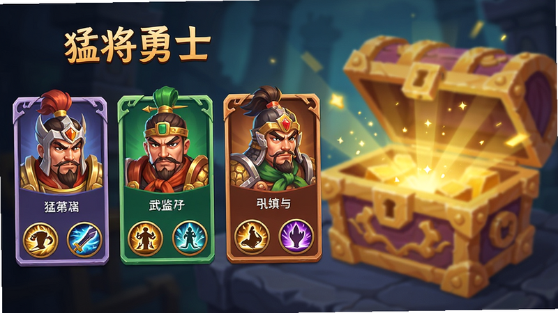 生成一张《猛将勇士》武将图鉴展示图,左侧是三个并排的武将卡牌,分别展示不同阵营的角色头像与技能图标,右侧是背景虚化的华丽宝箱正在开启,金光四射,整体风格为游戏UI设计,扁平化与微立体结合,色彩鲜艳,突出收集感,画质精细,无水印,布局整齐