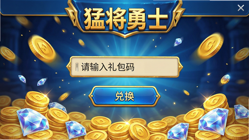 生成一张《猛将勇士》礼包兑换界面的概念图,屏幕中央有一个输入框,显示“请输入礼包码”,下方是“兑换”按钮,背景是金币与钻石堆叠的特效,界面简洁明了,色彩以金色和蓝色为主,突出奖励感,无其他干扰元素,画质高清,UI细节精致