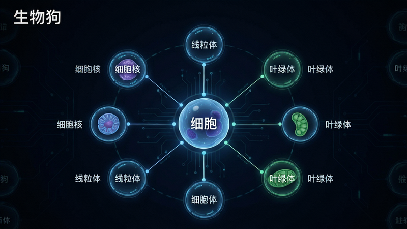 主体为生物狗APP内的知识图谱界面,中心节点为“细胞”,周围辐射出“细胞核”、“线粒体”、“叶绿体”等子节点,节点之间用细线连接,背景为白色,风格科技感强,布局对称平衡,细节清晰,画质高分辨率,干净简洁,文字“生物狗”位于左上角