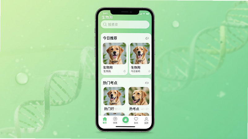主体为一部智能手机,屏幕显示生物狗APP首页界面,背景为柔和的绿色渐变,布局清晰,顶部有搜索栏,中部展示“今日推荐”和“热门考点”卡片,底部为导航栏,风格清新简约,细节精致,画质高清,干净无多余元素,文字“生物狗”清晰可见