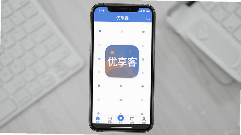 主体为优享客APP的手机界面截图,布局为居中展示,排版清晰,风格为扁平化商务风,细节包含顶部状态栏和底部导航栏,画质高清,干净,无多余元素,文字显示“优享客”
