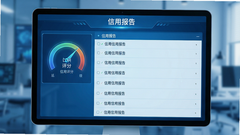 主体为信用报告查询界面,布局为列表式展示,排版整齐,风格为科技感蓝色调,细节包含信用评分仪表盘和列表项,画质清晰,干净,无多余元素,文字显示“信用报告”