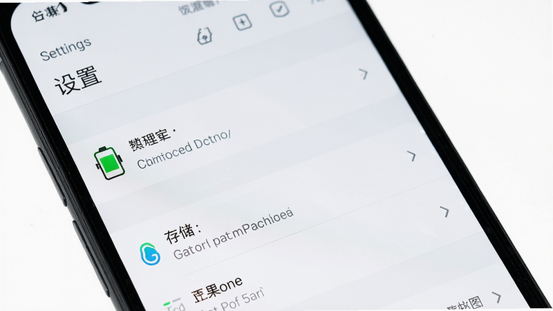 主体为手机设置界面,布局为竖屏列表,排版清晰,风格为系统默认UI,细节包含电池管理和存储选项,画质清晰,干净,无多余元素,文字显示“设置”