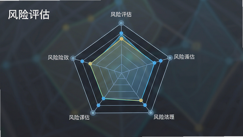 主体为风险评估雷达图,布局为全屏展示,排版对称,风格为现代简约,细节包含五个维度的数据节点和连线,画质高清,干净,无多余元素,文字显示“风险评估”
