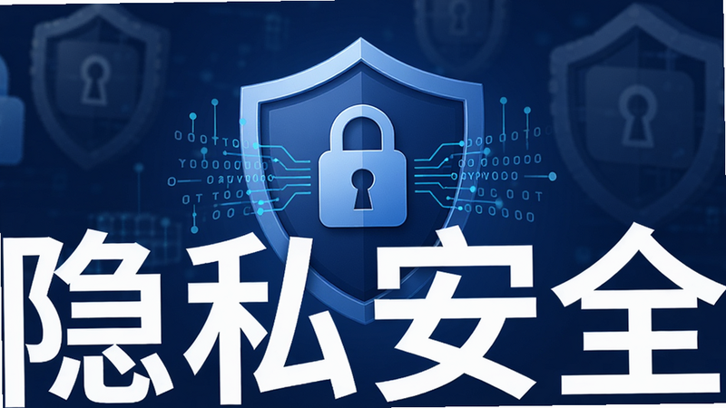 主体为隐私安全盾牌图标,布局为中心聚焦,排版简洁,风格为深蓝背景,细节包含锁形图标和加密数据流线条,画质高清,干净,无多余元素,文字显示“隐私安全”