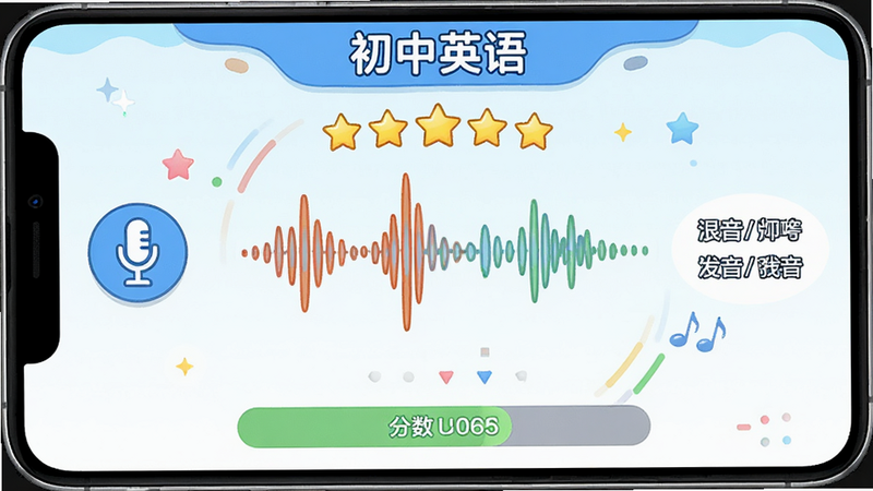一张展示听力跟读功能的界面图,主体为“初中英语”APP的录音界面,中央为声波动画,周围环绕评分星级与发音提示,布局居中对称,风格活泼生动,细节包含麦克风图标与分数条,画质细腻,无背景干扰