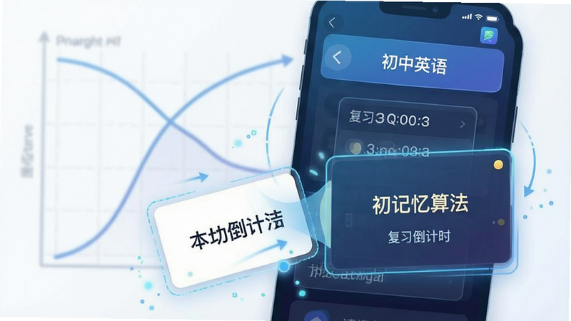 一张展示单词记忆算法的示意图,主体为“初中英语”APP的单词学习界面,背景有淡化的遗忘曲线图表,前景为单词卡片交互动画,布局紧凑,风格科技感与教育感结合,细节显示复习倒计时,画质清晰,无多余装饰