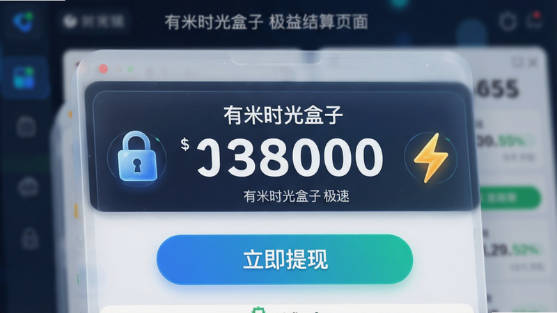 主体为有米时光盒子收益结算页面特写,布局聚焦于中央的大额数字显示与“立即提现”按钮,背景虚化处理以突出前景,风格科技感与信任感并存,细节包含安全的锁形图标与快速闪电符号,画质清晰,干净,无多余元素,文字包含“有米时光盒子 极速到账”
