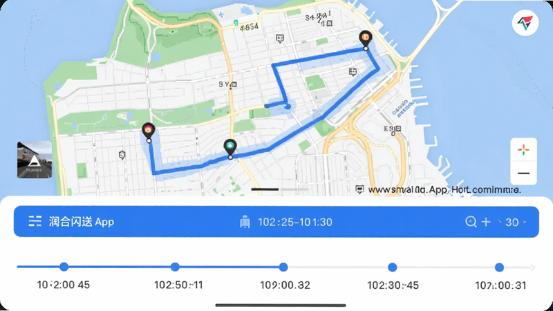 主体为润合闪送APP的轨迹追踪页面,布局上方为地图视图,显示骑手移动轨迹线,下方为时间轴记录,风格为简约商务风,细节包含蓝色的轨迹线条和精确的时间戳,画质细腻,无干扰元素