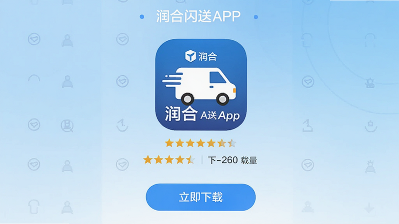 主体为润合闪送APP的下载页面,布局中心为应用图标,下方为