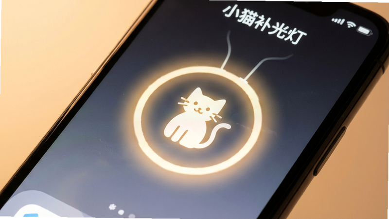 一张高清晰度的手机屏幕特写图,屏幕中显示着“小猫补光灯”的应用界面,背景为柔和的暖色调光晕,界面中央有一个简约的猫咪图标正在发光,周围环绕着淡淡的光圈,整体风格现代简约,色彩明亮,画质细腻,无多余元素,干净清爽