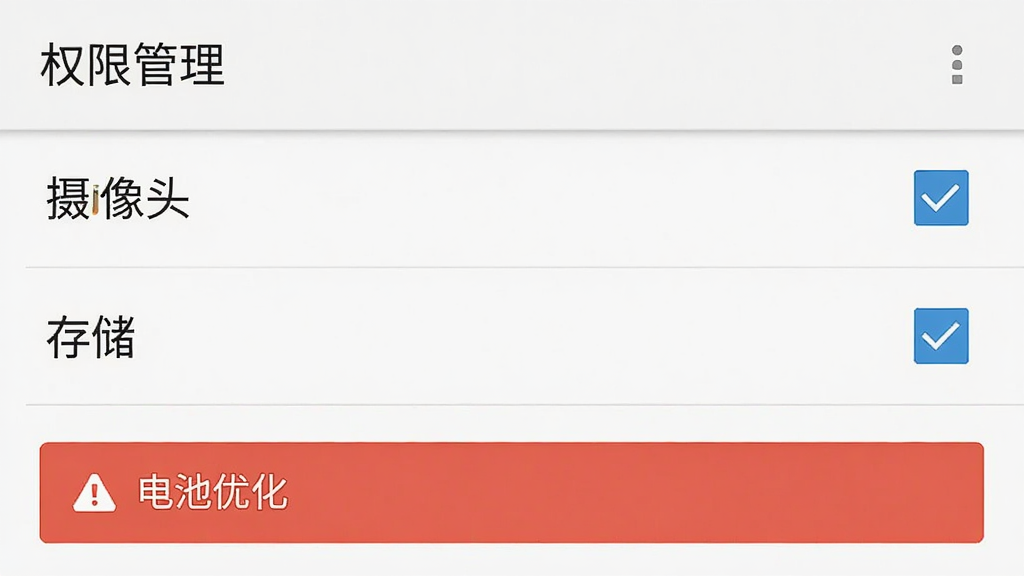一张手机设置界面的截图风格图,显示“权限管理”页面,其中“摄像头”和“存储”权限被勾选,下方有红色警示框提示“电池优化”设置项,界面为安卓原生风格,文字清晰,布局规整,无多余图标,高清扁平化设计