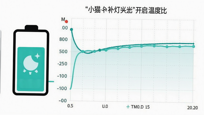一张手机电池图标与温度曲线的对比图,显示开启“小猫补光灯”后电量消耗平缓,温度保持平稳,图表线条为蓝绿色,背景为白色网格,风格简洁专业,数据可视化清晰,无多余装饰,高分辨率