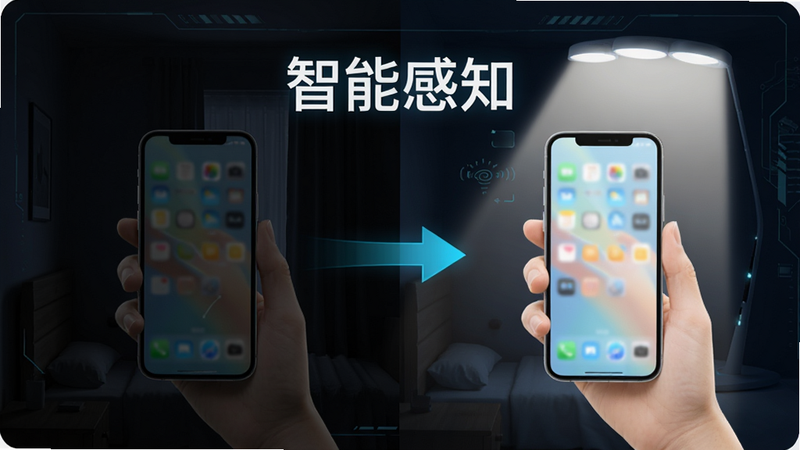 一张展示光线调节原理的示意图,左侧是昏暗房间中的手机,右侧是开启补光后的明亮效果,中间用箭头连接,背景为深色科技感界面,突出“智能感知”字样,风格极简,线条流畅,色彩对比鲜明,高清细节,无杂乱背景