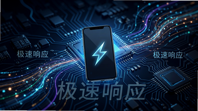 主体是速度感与智能结合的视觉图,布局为抽象的数据流线条环绕手机图标,排版动态且平衡,风格为赛博科技风,细节表现为流动的光效和芯片纹理,画面中隐约可见文字“极速响应”,画质清晰锐利,无杂乱背景