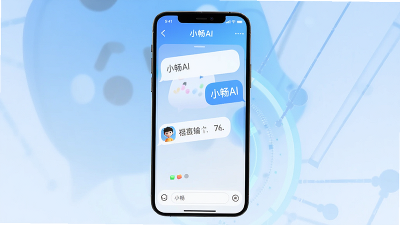 主体是小畅AI App的手机界面预览图,布局为竖屏手机屏幕居中,背景为干净的浅蓝色渐变,排版简洁现代,风格为扁平化科技风,细节展示输入框、消息气泡和顶部导航栏,画面中清晰显示文字“小畅AI”,画质高清,无多余装饰元素