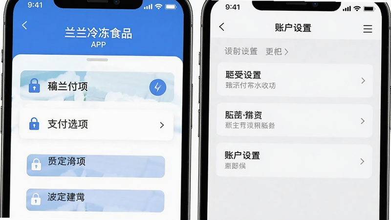 主体为兰兰冷冻食品APP的支付界面和设置界面并排展示,布局清晰,左侧为支付选项列表,右侧为账户安全设置项,排版工整,风格商务简约,细节显示加密锁图标,画质高清,干净,无多余元素