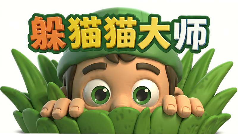 主体为躲猫猫大师游戏Logo,布局居中,排版简洁,风格为3D卡通渲染,细节展现角色躲在草丛中露出眼睛的特写,画质高清,干净,无多余元素